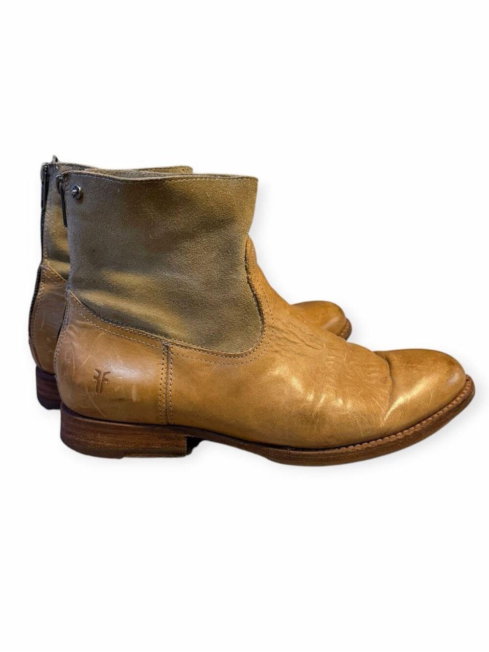 FRYE Jamie Zip Two-Tone Leather Suede Ankle Boots Tan Gray Women’s 9B